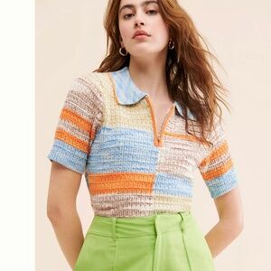 Anthropologie Flat White Y2K Multicolor Sweater Top Collared Zip Neck Retro